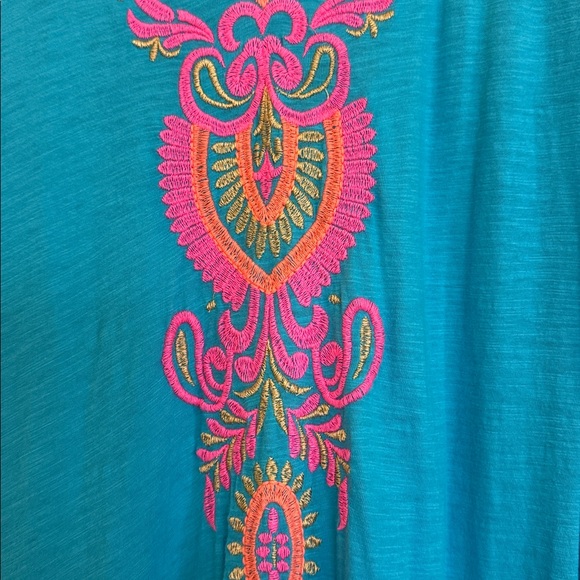 Lilly Pulitzer Turquoise Dress/Coverup with Pink and Orange Pom Pom Trim- Size S - Picture 2 of 6